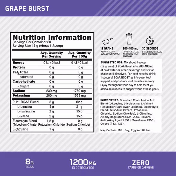 Optimum Nutrition BCAA Boost Grape 30 Serves | 48156LQJH