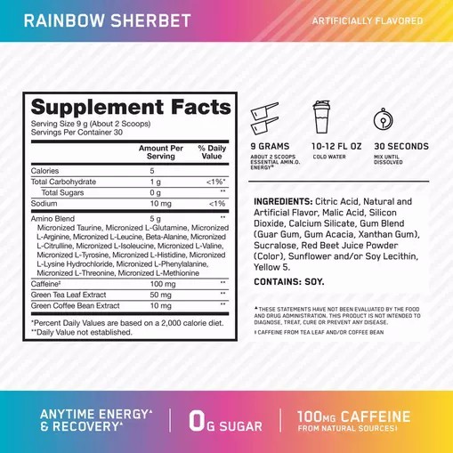 Optimum Nutrition ESSENTIAL AMIN.O. ENERGY® *new* Rainbow Sherbet - Notify Me 0.6 lb - Notify me | 06157SMRA