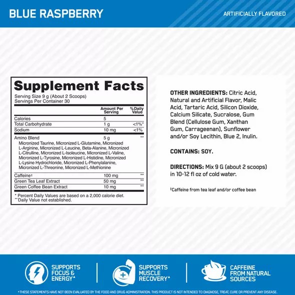 Optimum Nutrition ESSENTIAL AMIN.O. ENERGY® Blue Raspberry 0.6 lb (30 Servings) | 24590GDAW