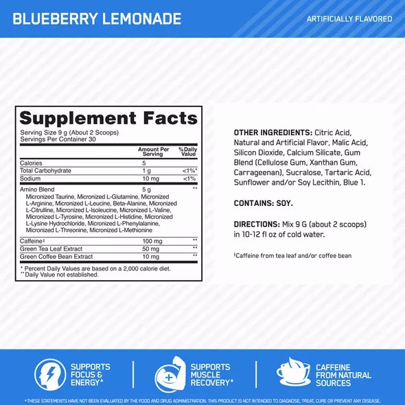 Optimum Nutrition ESSENTIAL AMIN.O. ENERGY® Blueberry Lemonade 0.6 lb (30 Servings) | 27098TCUK