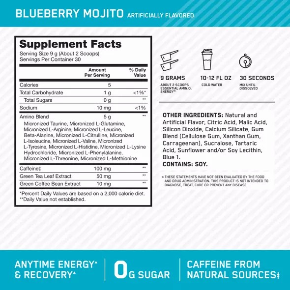 Optimum Nutrition ESSENTIAL AMIN.O. ENERGY® Blueberry Mojito 0.6 lb (30 Servings) | 76193DKCQ