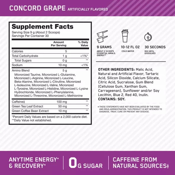 Optimum Nutrition ESSENTIAL AMIN.O. ENERGY® Concord Grape 0.6 lb (30 Servings) | 57491XTRP