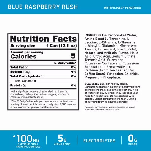 Optimum Nutrition ESSENTIAL AMIN.O. ENERGY+ Electrolytes Sparkling *new* Blue Raspberry Rush 355ml * 12 Cans (12 Servings) | 36425LTXB