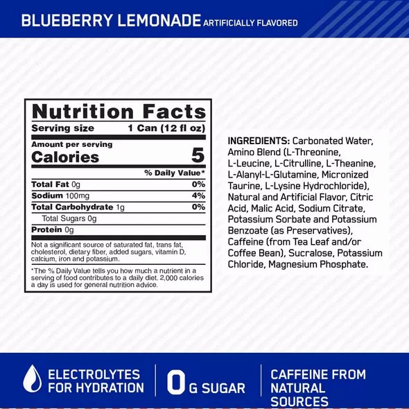 Optimum Nutrition ESSENTIAL AMIN.O. ENERGY+ Electrolytes Sparkling Blueberry Lemonade 355ml * 12 Cans (12 Servings) | 13290DLNB