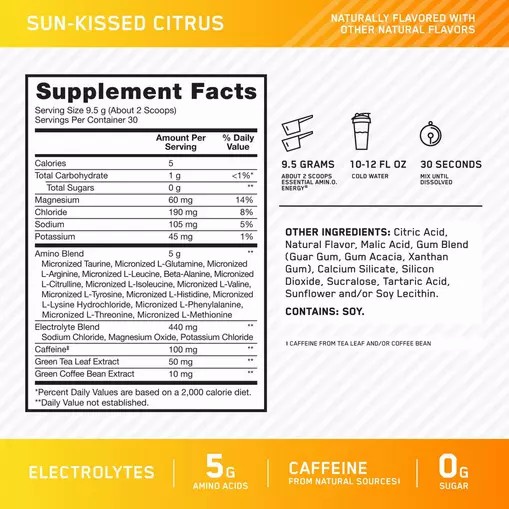 Optimum Nutrition Essential AMIN.O. ENERGY + Electrolytes *new* Sun-kissed Citrus 0.63 lb (30 Servings) | 74952MDXA