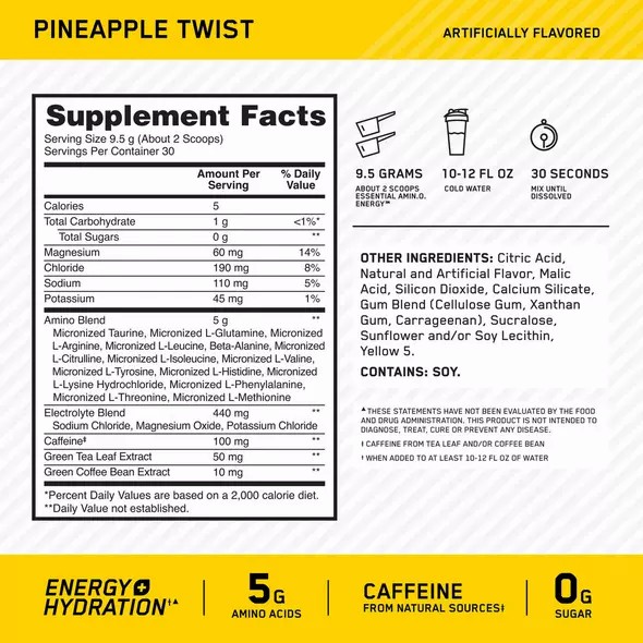 Optimum Nutrition Essential AMIN.O. ENERGY + Electrolytes Pineapple Twist 0.63 lb (30 Servings) | 34587RXPL