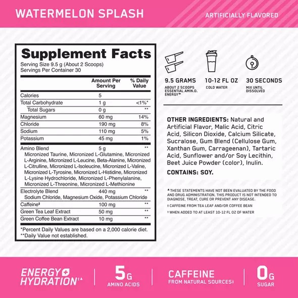 Optimum Nutrition Essential AMIN.O. ENERGY + Electrolytes Watermelon Splash 0.63 lb (30 Servings) | 90156JRYB