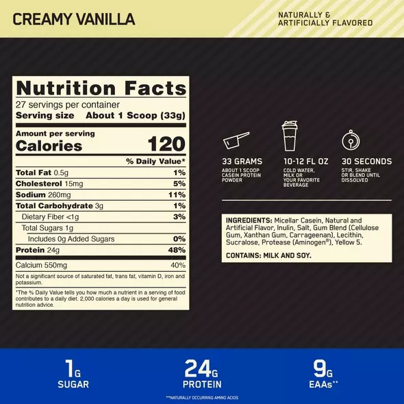 Optimum Nutrition GOLD STANDARD® 100% Casein Creamy Vanilla 2 lb (25 Servings) | 67809GQNF