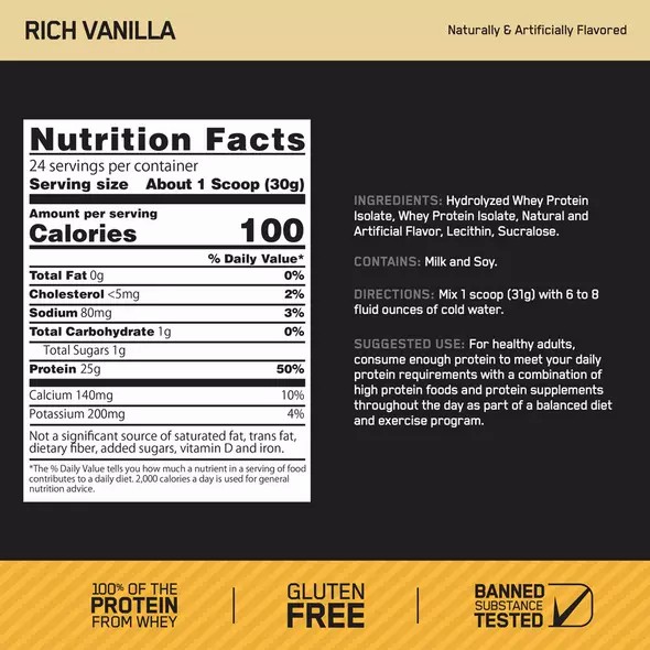 Optimum Nutrition GOLD STANDARD® 100% Isolate Rich Vanilla 2.91 lb (44 Servings) | 03526OANH