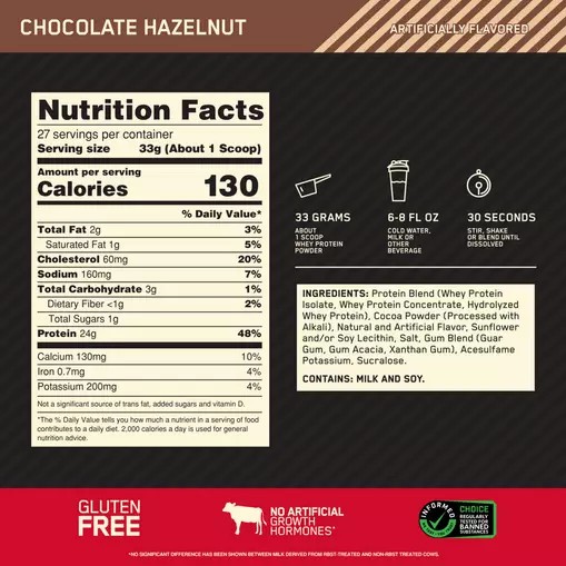 Optimum Nutrition GOLD STANDARD 100% WHEY™ Chocolate Hazelnut 2 lb (27 Servings) | 31740JFPY