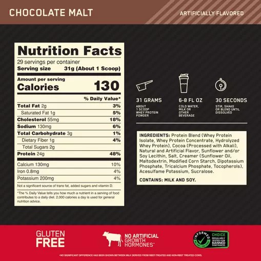 Optimum Nutrition GOLD STANDARD 100% WHEY™ Chocolate Malt 2 lb (29 Servings) | 23904DKWS