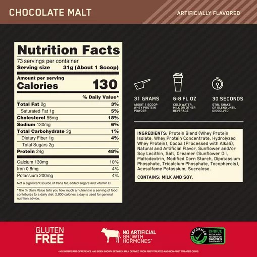 Optimum Nutrition GOLD STANDARD 100% WHEY™ Chocolate Malt 5 lb (73 Servings) | 58476GMBC