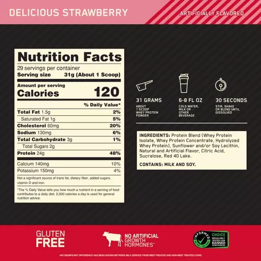 Optimum Nutrition GOLD STANDARD 100% WHEY™ Delicious Strawberry 2 lb (29 Servings) | 06179ZDIS