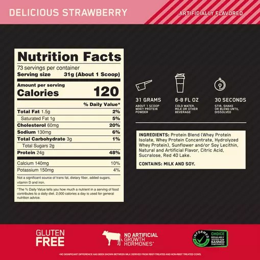 Optimum Nutrition GOLD STANDARD 100% WHEY™ Delicious Strawberry 5 lb (73 Servings) | 72516OWTG