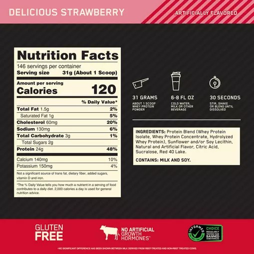 Optimum Nutrition GOLD STANDARD 100% WHEY™ Delicious Strawberry 10 lb (146 Servings) | 94531ZNMX