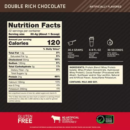 Optimum Nutrition GOLD STANDARD 100% WHEY™ Double Rich Chocolate 1.5 lb (22 Servings) | 28560XIPR