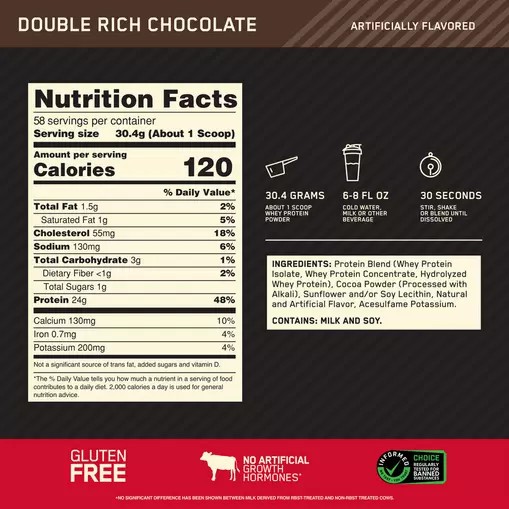 Optimum Nutrition GOLD STANDARD 100% WHEY™ Double Rich Chocolate 4 lb (58 Servings) | 15279APEL