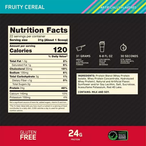 Optimum Nutrition GOLD STANDARD 100% WHEY™ Fruity Cereal 1.5 lb (22 Servings) | 20641HVBW