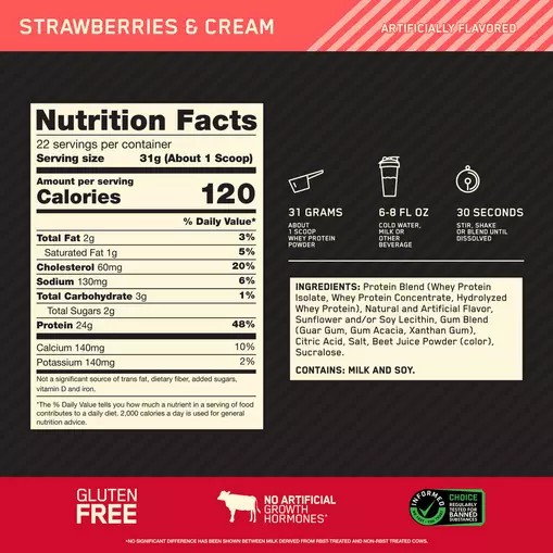 Optimum Nutrition GOLD STANDARD 100% WHEY™ Strawberries & Cream 1.5 lb (22 Servings) | 95681NOQB