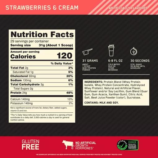 Optimum Nutrition GOLD STANDARD 100% WHEY™ Strawberries & Cream 2 lb (29 Servings) | 86032LXKB