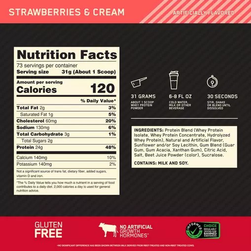 Optimum Nutrition GOLD STANDARD 100% WHEY™ Strawberries & Cream 5 lb (73 Servings) | 40598RJIN