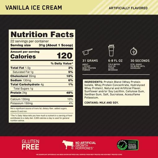 Optimum Nutrition GOLD STANDARD 100% WHEY™ Vanilla Ice Cream 1.5 lb (22 Servings) | 63712UFIE