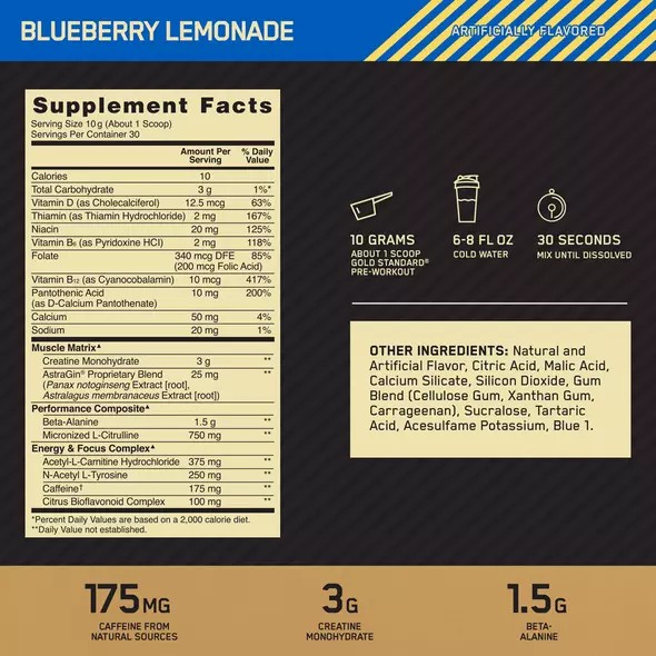 Optimum Nutrition GOLD STANDARD® Pre-Workout Blueberry Lemonade 0.66 lb (30 Servings) | 68021MEVT