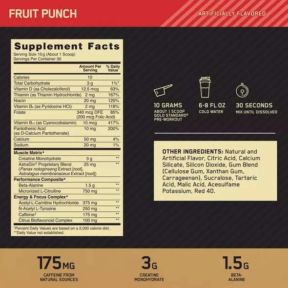 Optimum Nutrition GOLD STANDARD® Pre-Workout Fruit Punch 0.66 lb (30 Servings) | 75289VMTO