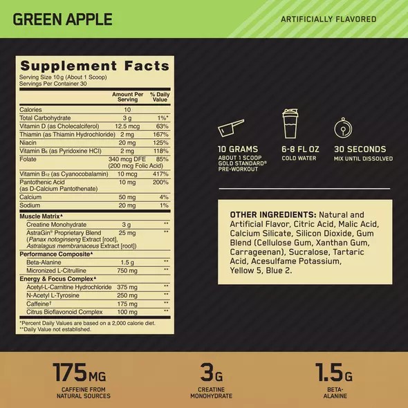 Optimum Nutrition GOLD STANDARD® Pre-Workout Green Apple 0.66 lb (30 Servings) | 79234CNIU