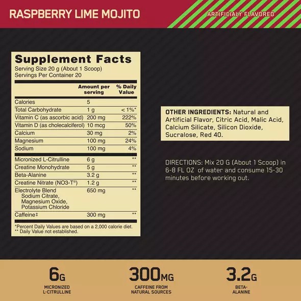 Optimum Nutrition GOLD STANDARD® Pre Advanced Raspberry Lime Mojito 0.88 lb (20 Servings) | 13806QAJK