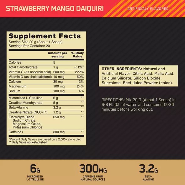 Optimum Nutrition GOLD STANDARD® Pre Advanced Strawberry Mango Daiquiri 0.88 lb (20 Servings) | 51248EYTH