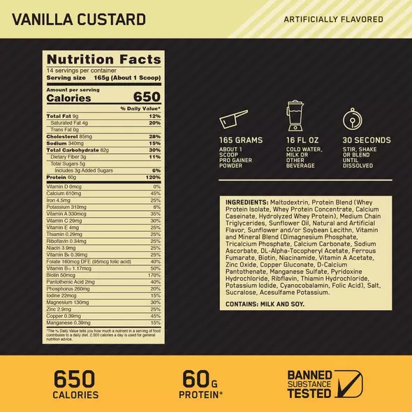 Optimum Nutrition GOLD STANDARD® Pro Gainer Vanilla Custard 5.09 lb (14 Servings) | 56820CLIS