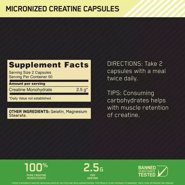 Optimum Nutrition Micronized Creatine Capsules 100 Capsules (50 Servings) | 32049BKOS