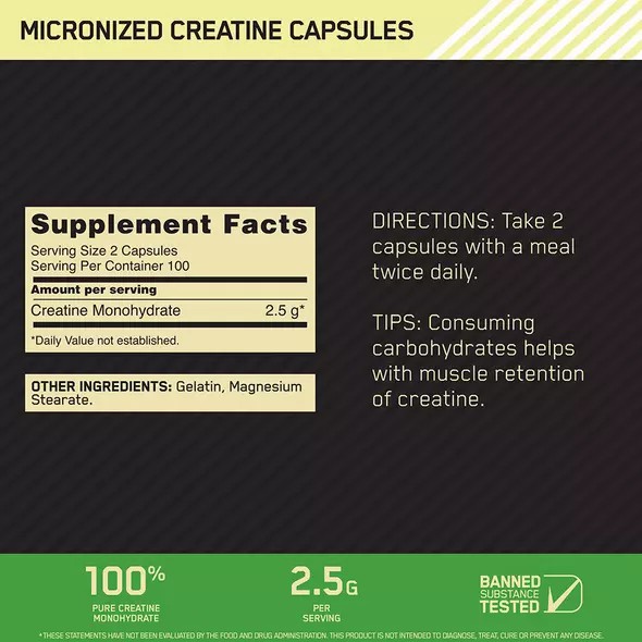 Optimum Nutrition Micronized Creatine Capsules 200 Capsules (100 Servings) | 46713DBLY