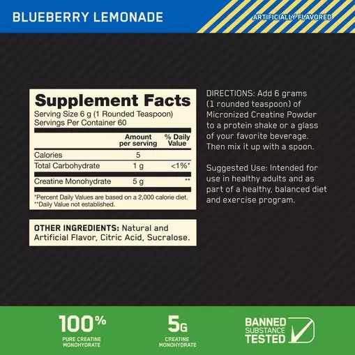 Optimum Nutrition Micronized Creatine Powder Blueberry Lemonade 0.79 lb (60 Servings) | 82493MOKL