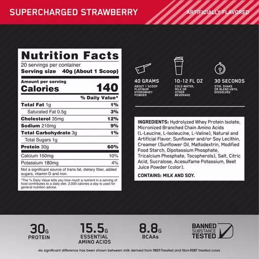 Optimum Nutrition PLATINUM HYDROWHEY™ Supercharged Strawberry 1.76 lb (20 Servings) | 93405SXHB