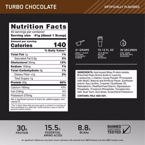 Optimum Nutrition PLATINUM HYDROWHEY™ Turbo Chocolate 3.61 lb (40 Servings) | 10798EALS