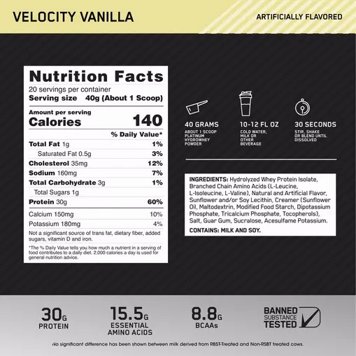 Optimum Nutrition PLATINUM HYDROWHEY™ Velocity Vanilla 1.76 lb (20 Servings) | 71864ZHDO