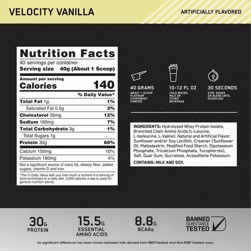 Optimum Nutrition PLATINUM HYDROWHEY™ Velocity Vanilla 3.52 lb (40 Servings) | 80534PLAT