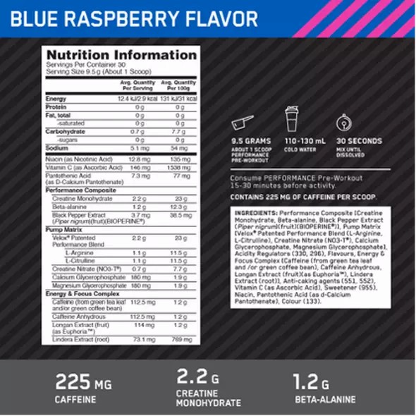 Optimum Nutrition Performance Pre-Workout Blue Raspberry 285g | 23845XMJZ