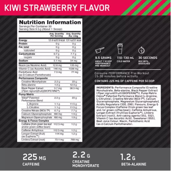 Optimum Nutrition Performance Pre-Workout Kiwi Strawberry 285g | 53279NFZT