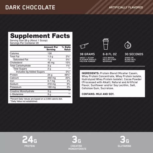 Optimum Nutrition Platinum Rebuild Dark Chocolate 1.67 lb (20 Servings) | 73082NMDX