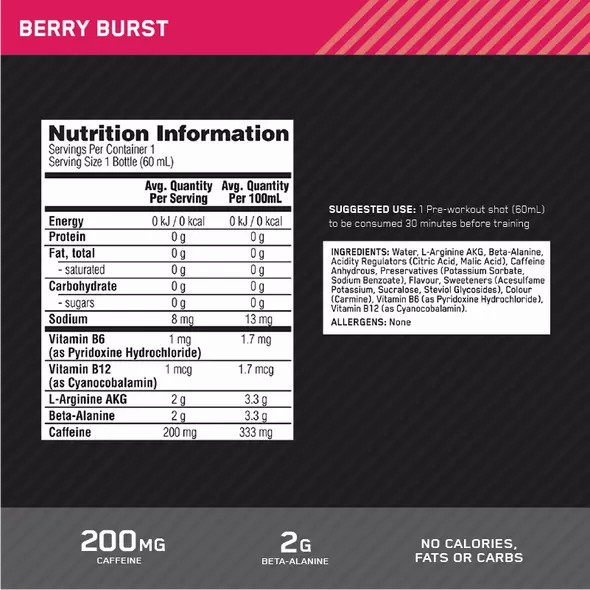 Optimum Nutrition Pure Pre 200 Pre-Workout Shot Berry 60ml (12 shots) | 69710YHMD