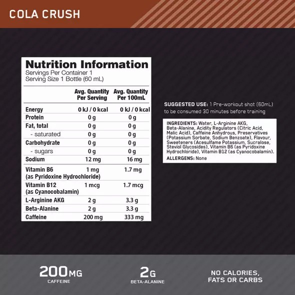 Optimum Nutrition Pure Pre 200 Pre-Workout Shot Cola 60ml (12 shots) | 51634DUKA