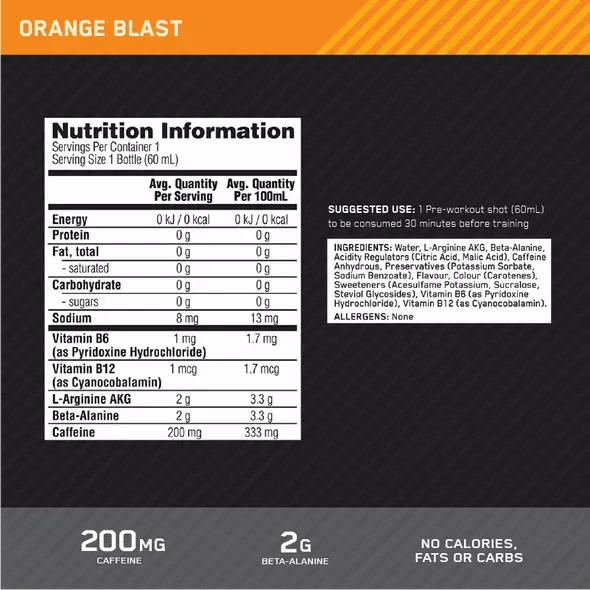 Optimum Nutrition Pure Pre 200 Pre-Workout Shot Orange 60ml (12 shots) | 27958HYJS